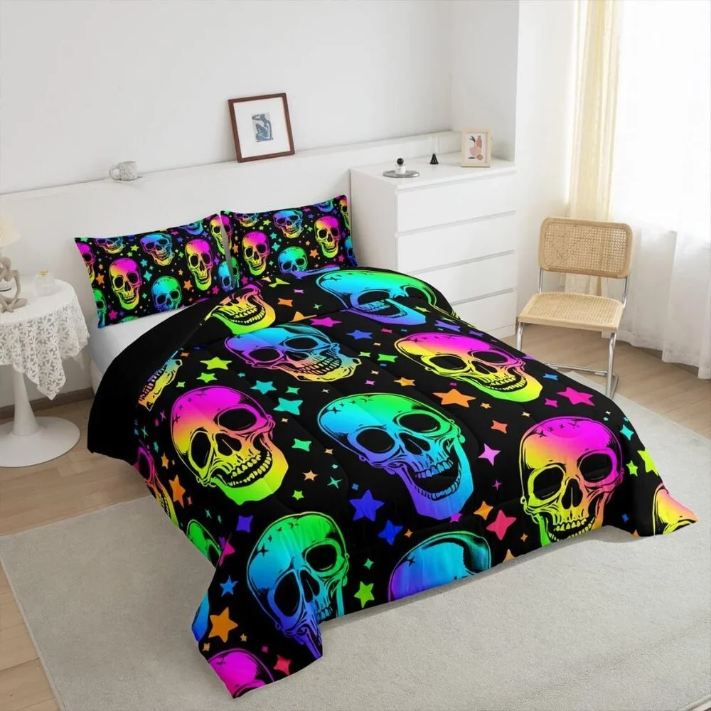 Halloween Comforter Skull Set Queen Sz